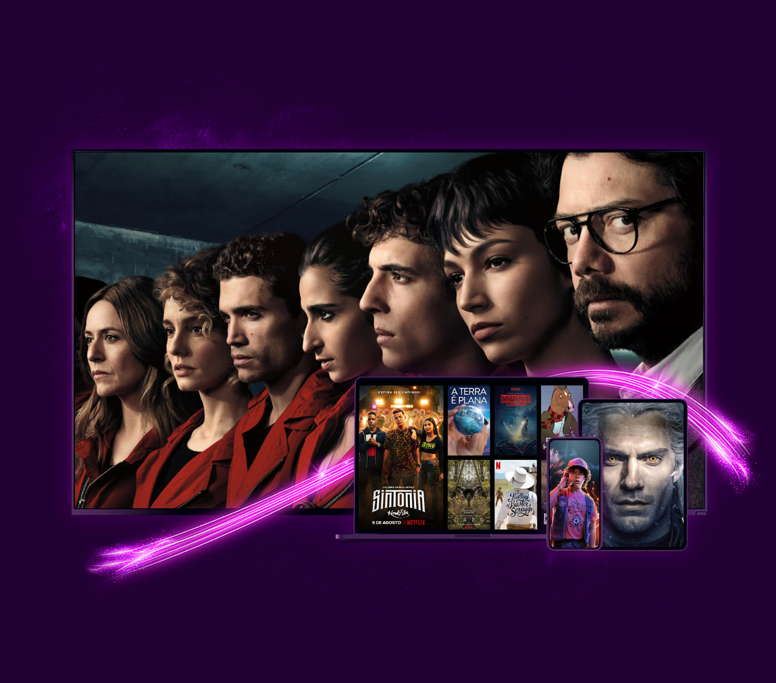 Imagem ilustrativa de 1 TV, 1 notebook, 1 smartphone e 1 tablet estampando séries originais Netflix.