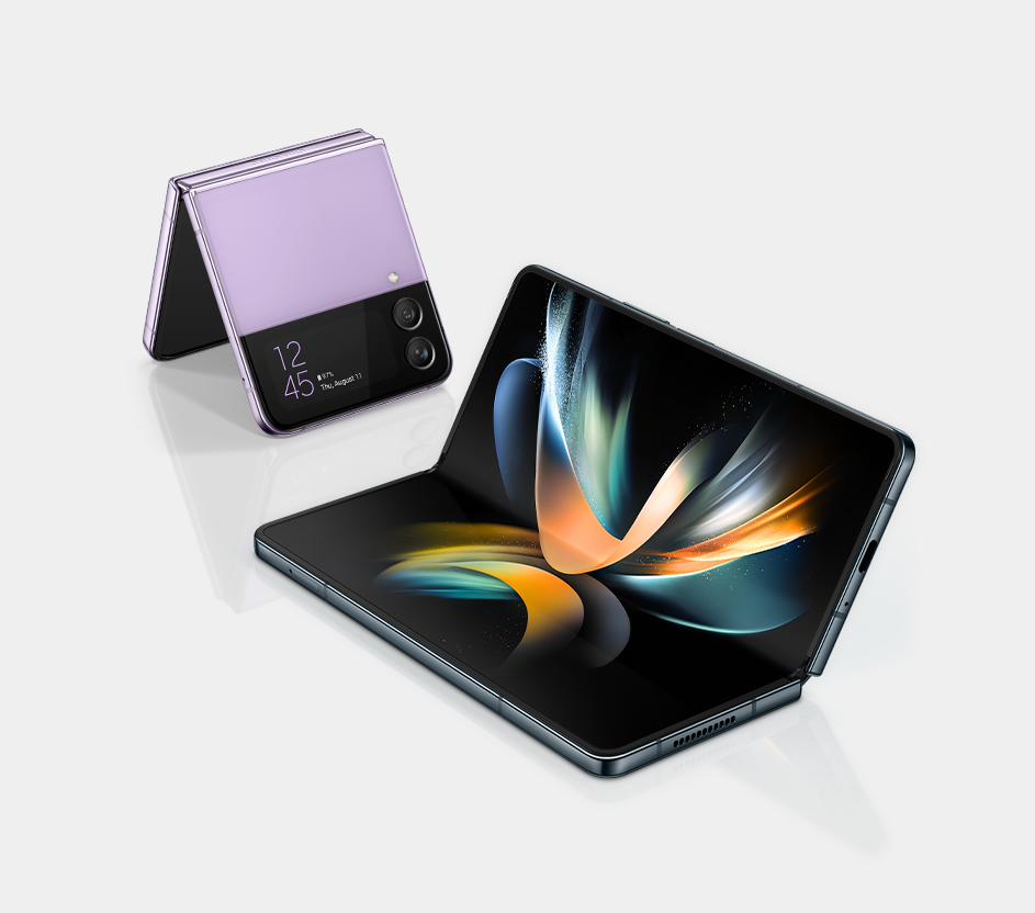 Imagens dos smartphones Samsung modelo Galaxy Z Fold4 e Z Flip4 5G.