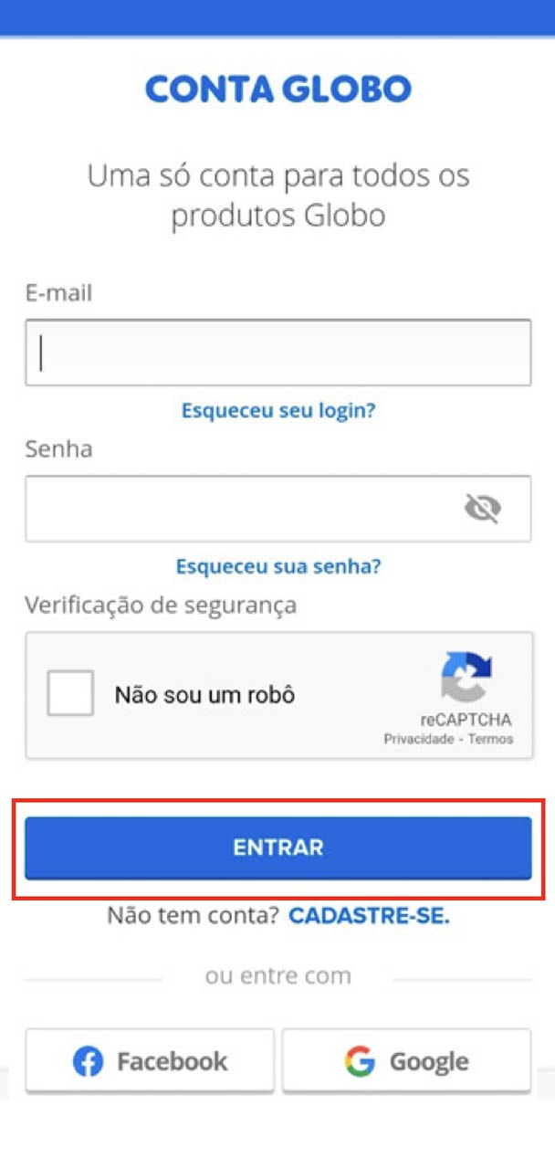 Captura de tela de logon com destaque para parte "Entrar".