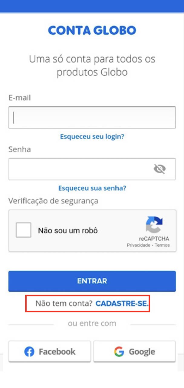 Captura de tela de logon com destaque para parte "Cadastre-se".