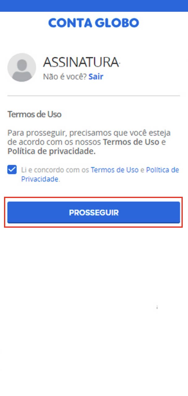 Captura de tela do app Globoplay com destaque para o botão "Prosseguir".