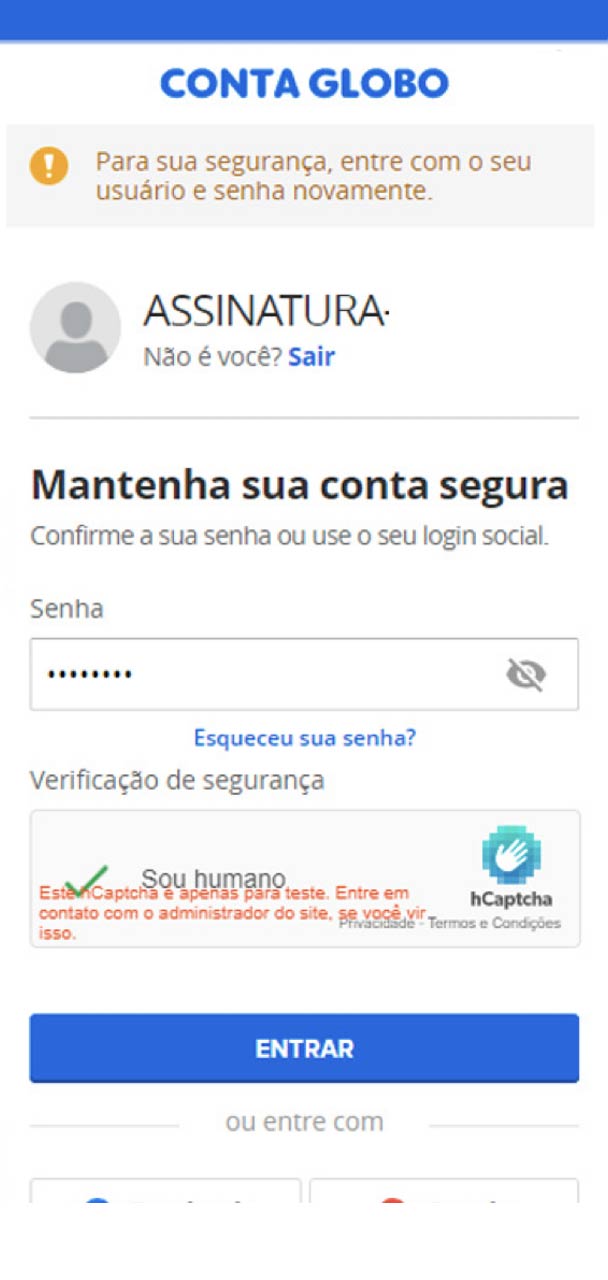 Captura de tela da Conta Globo, para aceite de termos