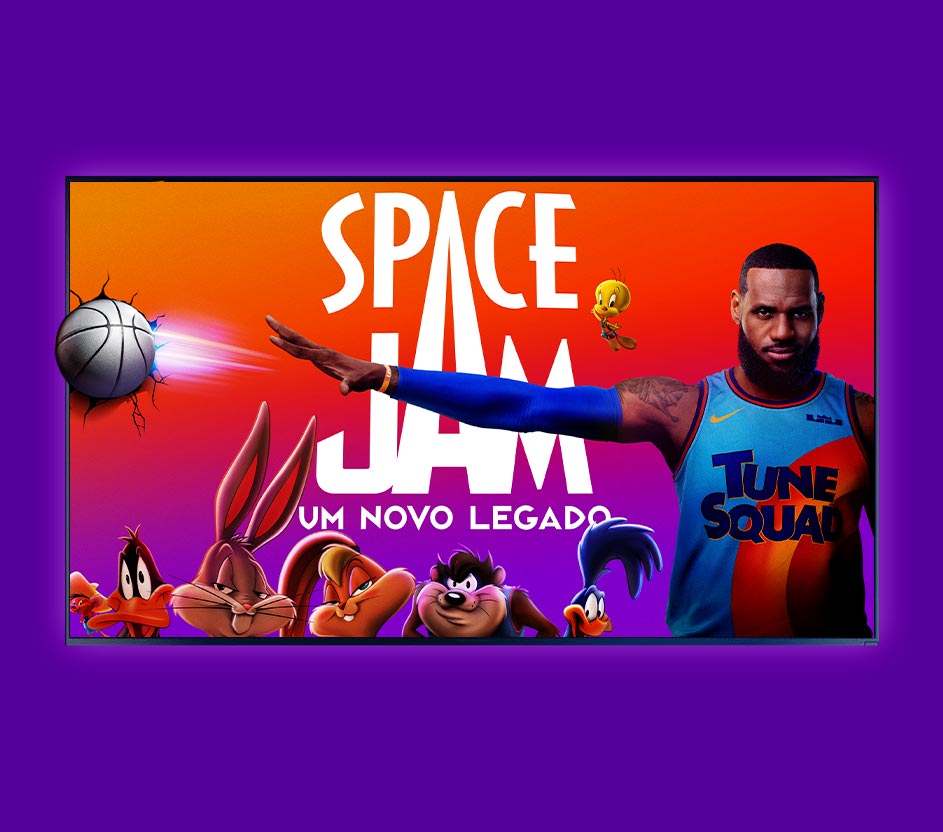 Imagem de uma televisão com o pôster do filme Space Jam.