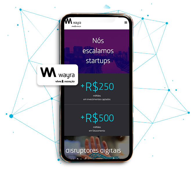 Imagem de um celular com o site da Wayra na tela