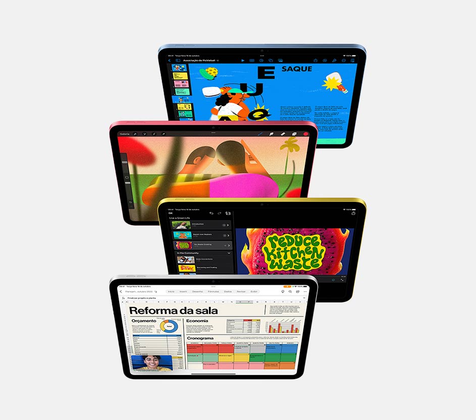 Imagem de quatro iPads 10ª geração em cores diferentes.