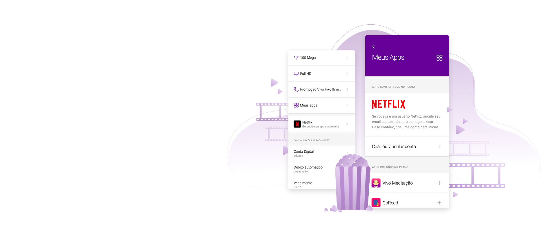 Printscreen Meu Vivo Fixo com Netflix selecionado e um saco de pipoca sobreposto.