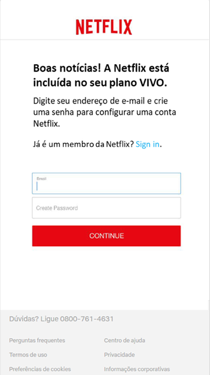 Captura de tela de criação de conta Netflix.