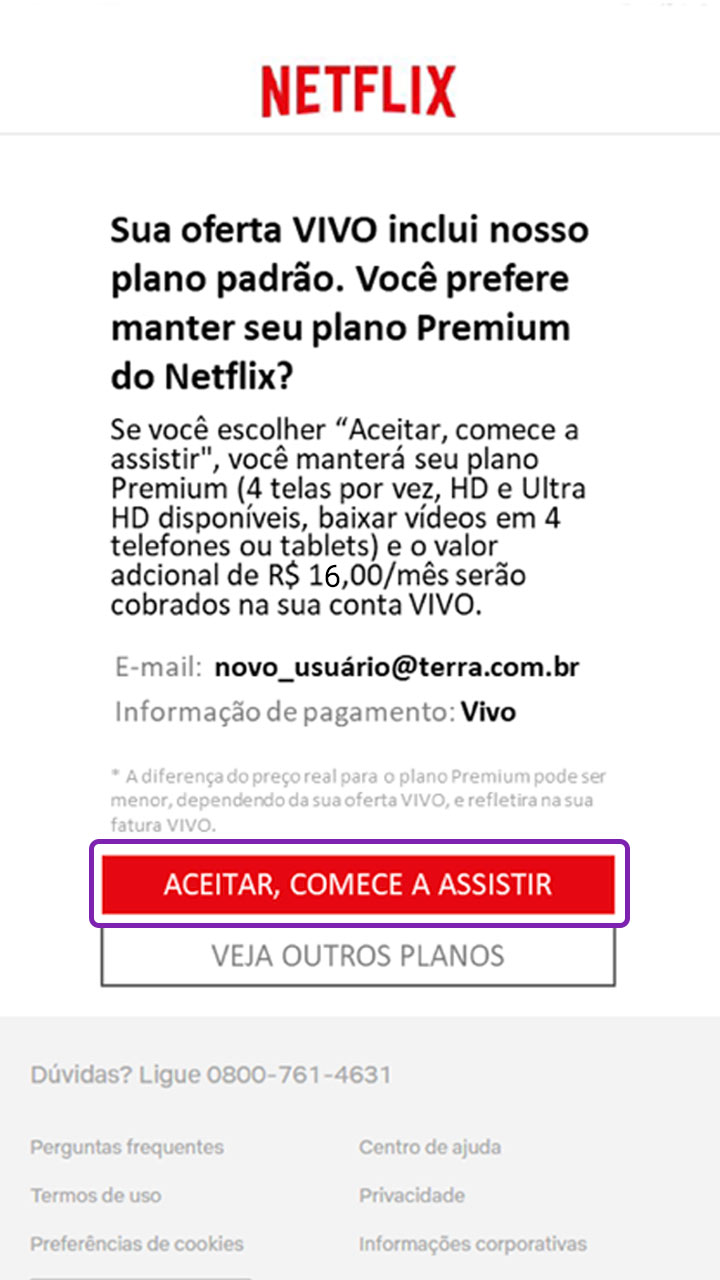 Captura de tela com informações sobre a manutenção do plano Netflix vigente.