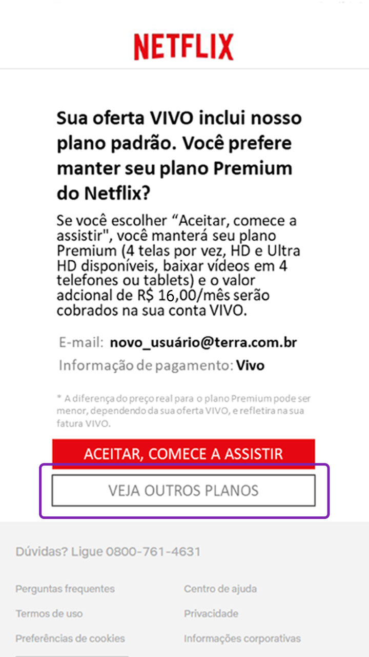 Captura de tela com informações sobre a alteração do plano Netflix vigente.