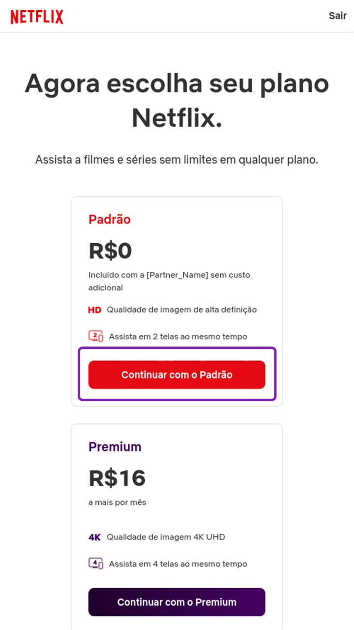 Captura de tela de escolha de plano Netflix.