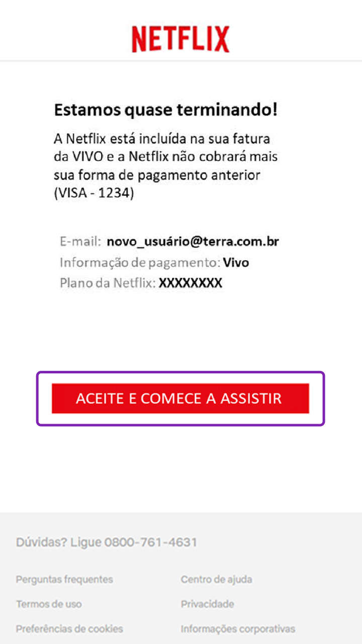 Imagem da tela de confirmação de dados para criação de conta na Netflix.
