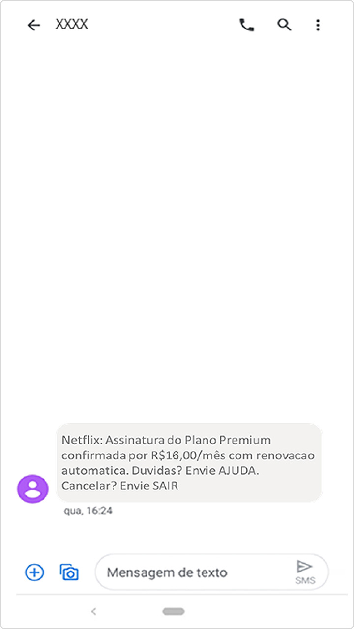 Captura de tela com mensagem sms confirmando alterações na conta Netflix.
