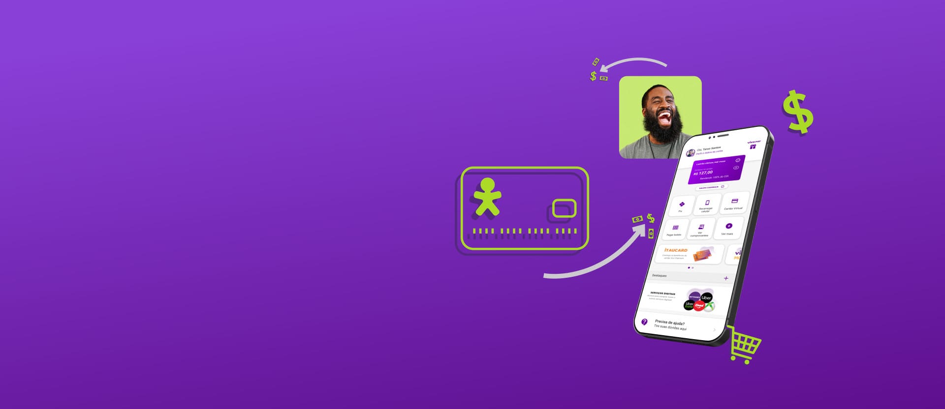 Imagem de um celular exibindo a tela do App Vivo Pay, ao lado um ícone de cartão de crédito