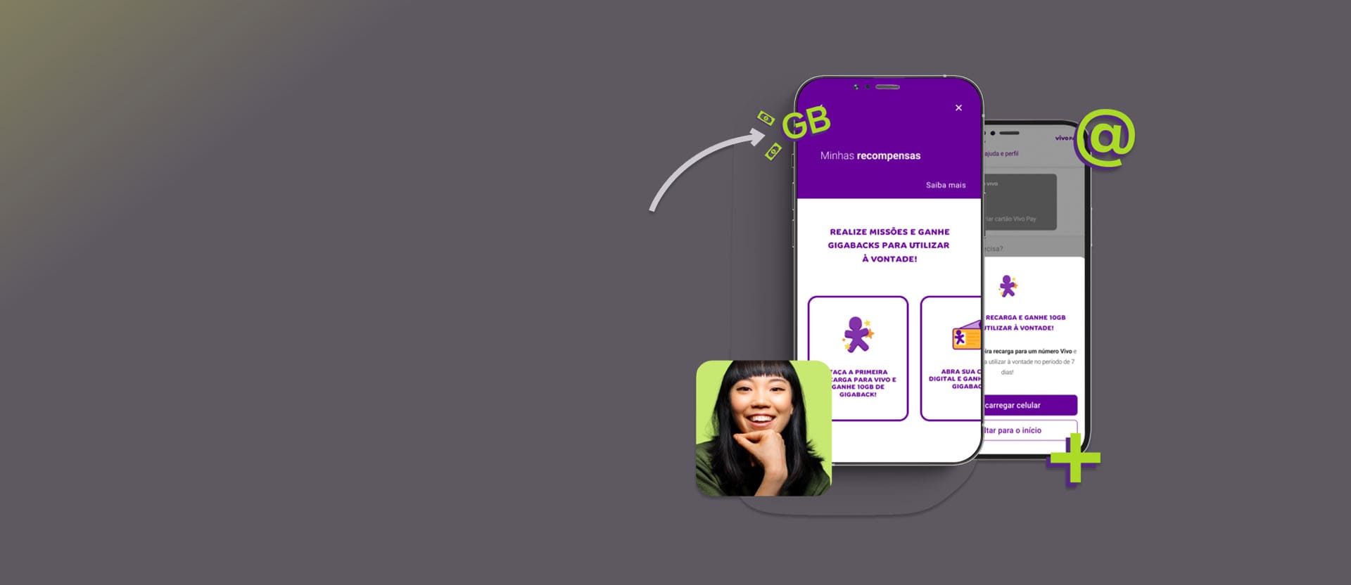 Imagem de dois celulares com o App Vivo Pay na tela e ao lado uma foto de uma mulher sorrindo