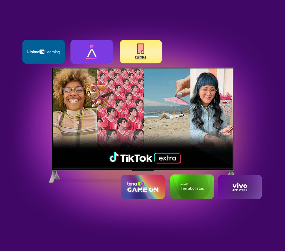 Imagem de uma TV com logo do TikTok Extra e ao redor 6 outros logos de apps inclusos.