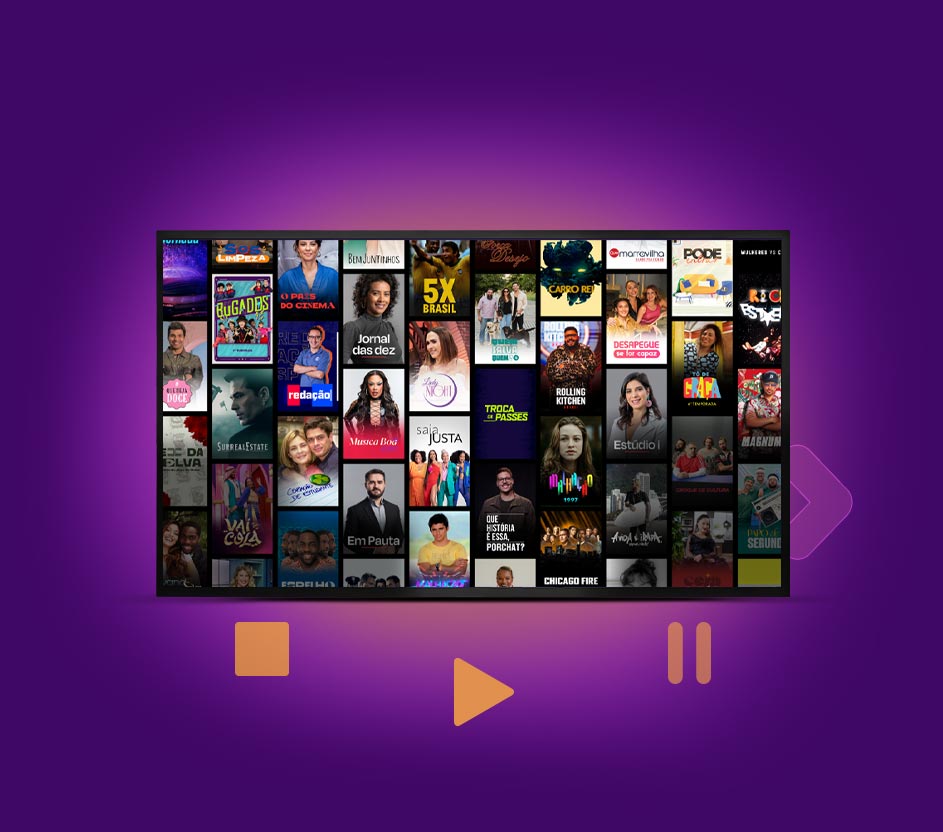 Imagem de uma tv com diversos programas disponíveis em Vivo Play App.