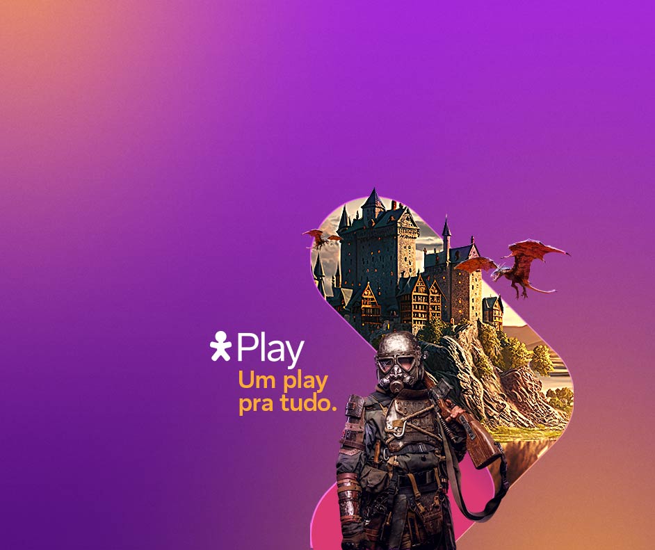 Composição de imagens de filmes fantástico dentro do ícone de play. Lê-se: "Um play pra tudo".