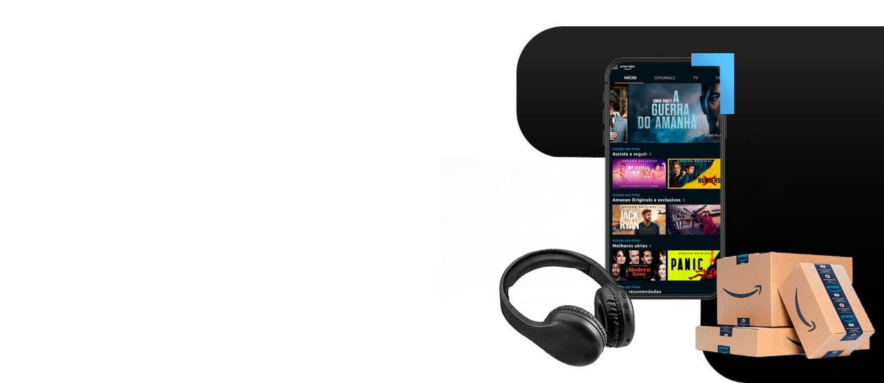 Composição de imagem de um smartphone, headset e caixas de entrega amazon.