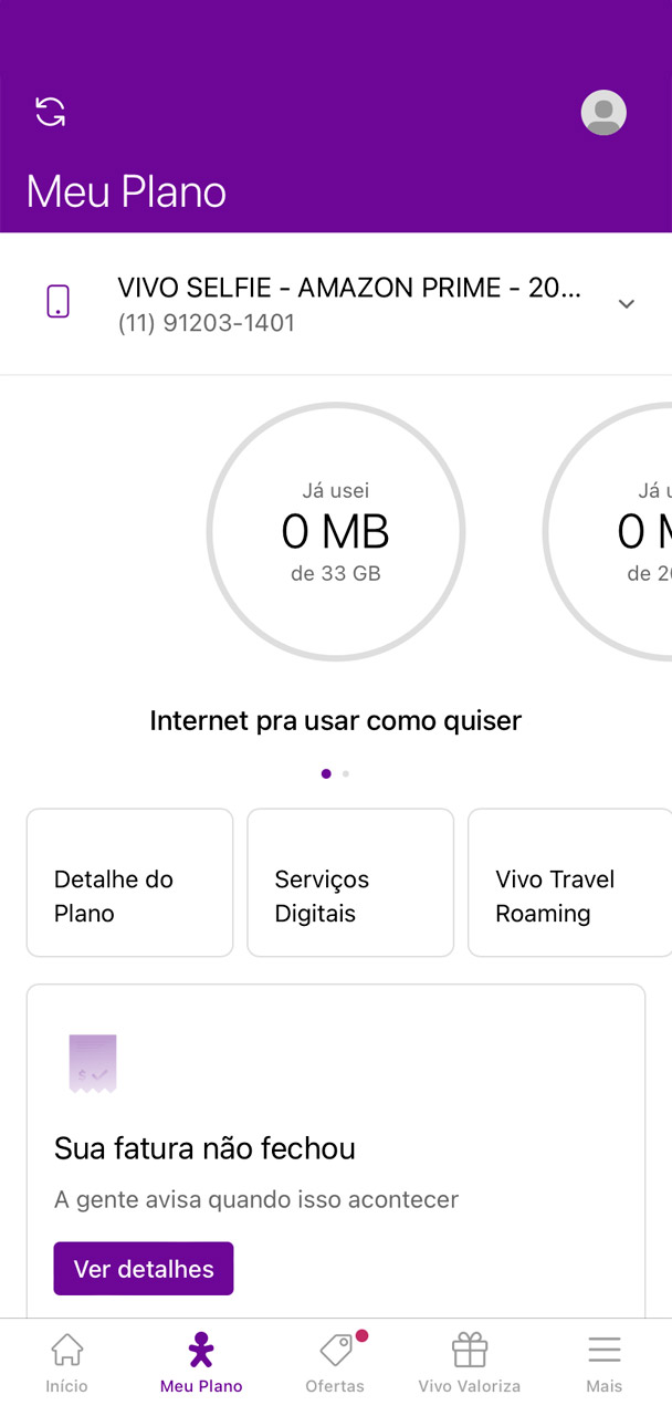 Captura da tela inicial do App Vivo.