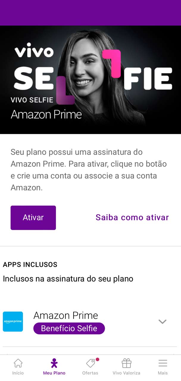 Captura de tela da ativação do Vivo Selfie.