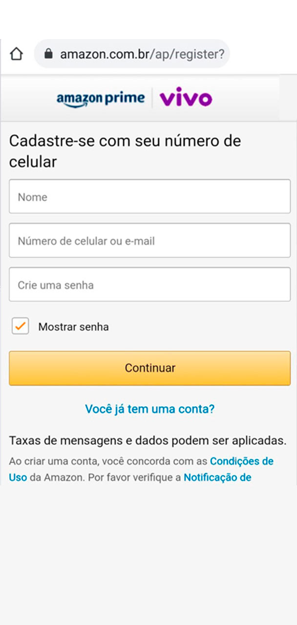 Captura de tela da página de criação de conta dada Amazon Prime.