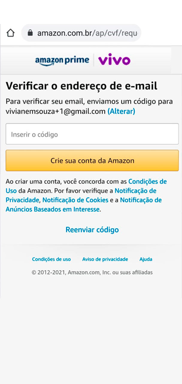 Captura de tela da verificação do endereço de e-mail.