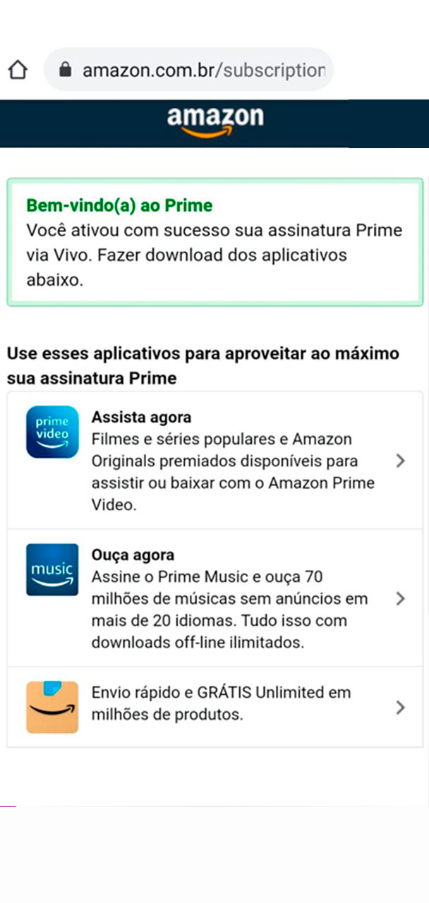 Captura de tela da finalização da assinatura.