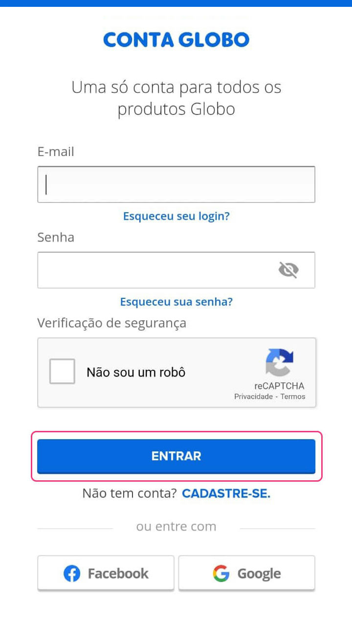 Captura de tela de criação de conta Globo.