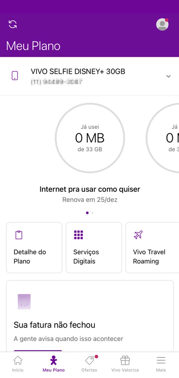 Captura de tela da seção da home do App Vivo.