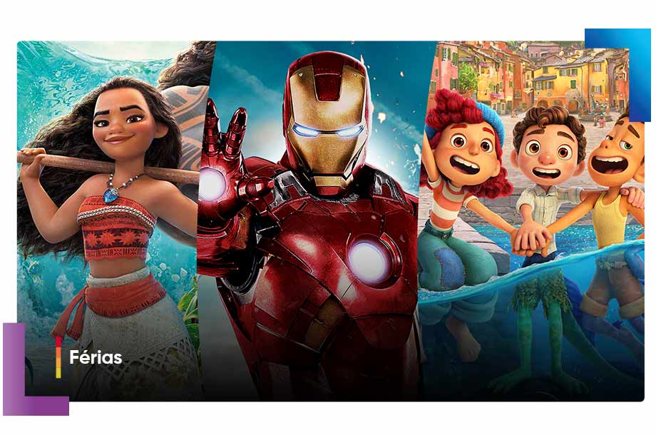 Imagem promocional dos filmes "Moana, Homem de Ferro e Luca".