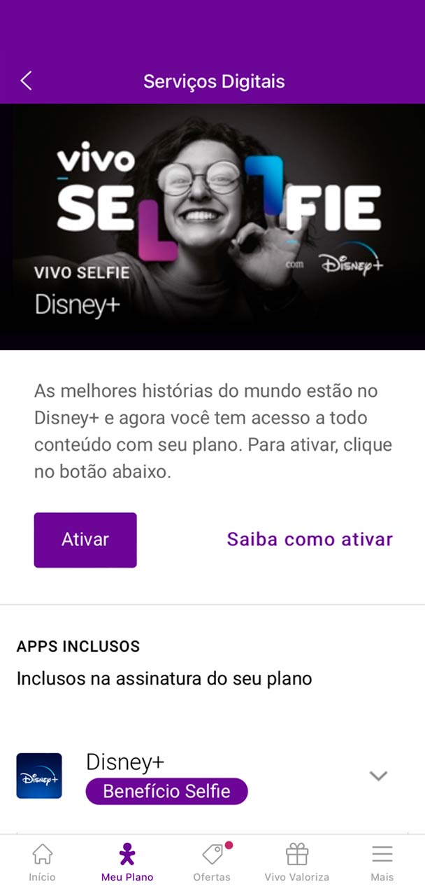 Captura de tela da seção de Vivo Selfie Disney+.