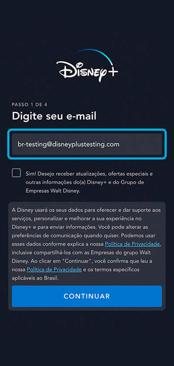 Captura de tela da seção de ativação do Disney+.