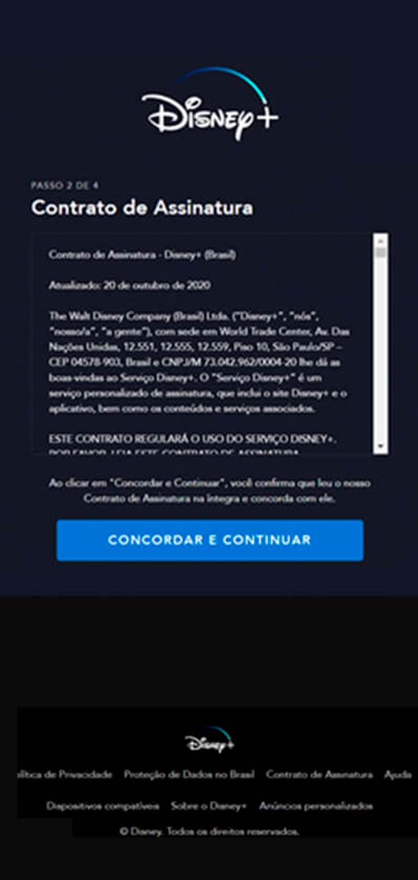 Captura de tela do contrato Disney+.