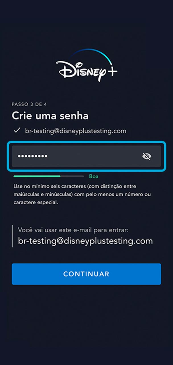 Captura de tela do Disney+ na seção de criar senha.