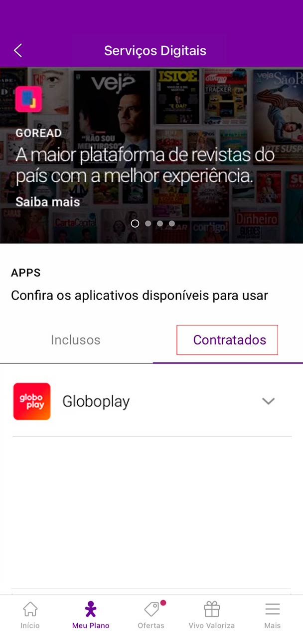 Captura de tela da seção Descubra indicando clique na seção Contratados.