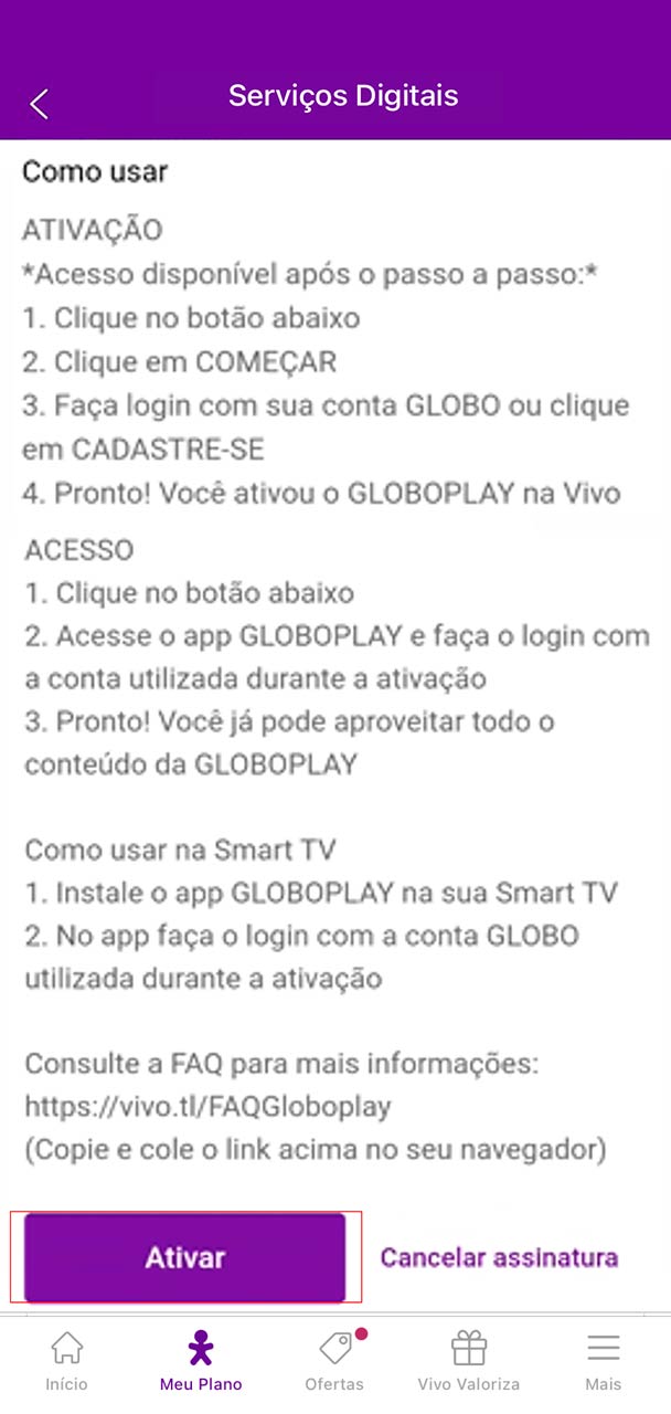 Captura de tela da seção Meu Plano indicando clique no botão "Ativar".