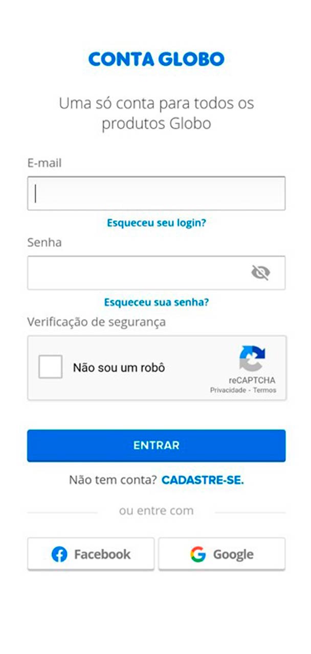 Captura de tela de Conta Globo com campos para preencher.