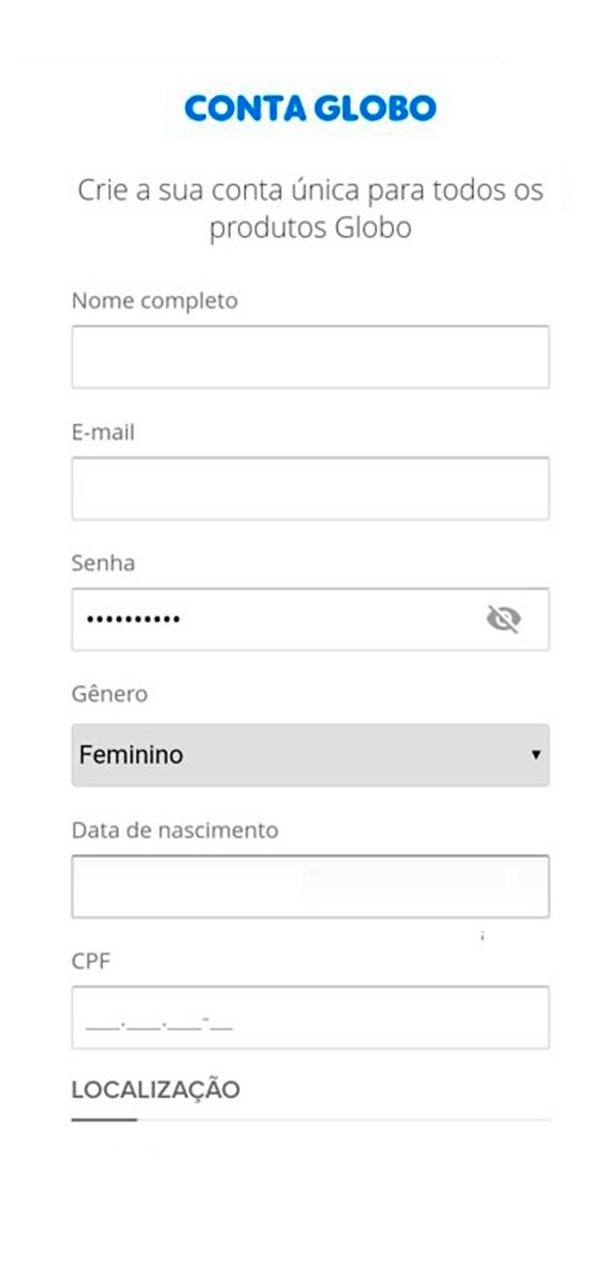 Captura de com preenchimento dos dados da Conta Globo.