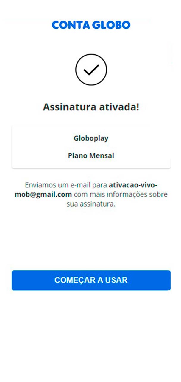 Captura de tela de conclusão de assinatura Globo.