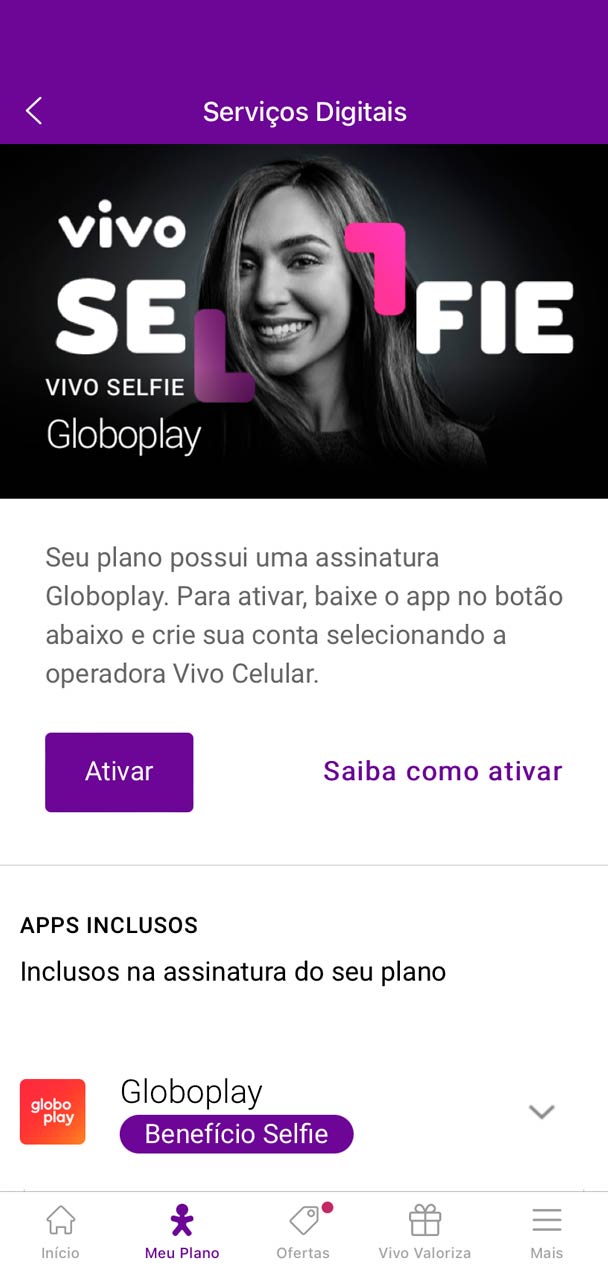 Captura de tela da ativação do Vivo Selfie Globoplay.