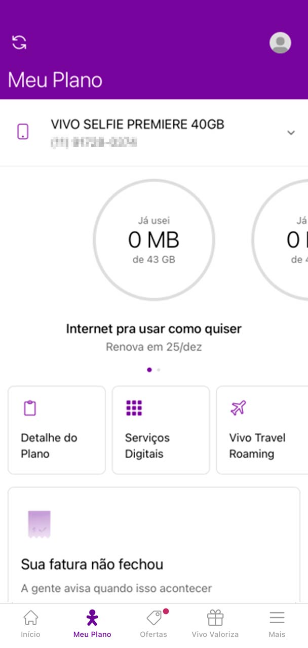 Captura da tela inicial do App Vivo.