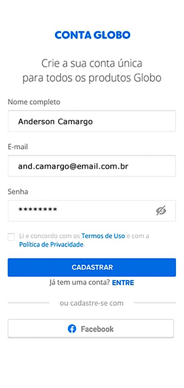 Captura de tela do cadastro da conta Globo.