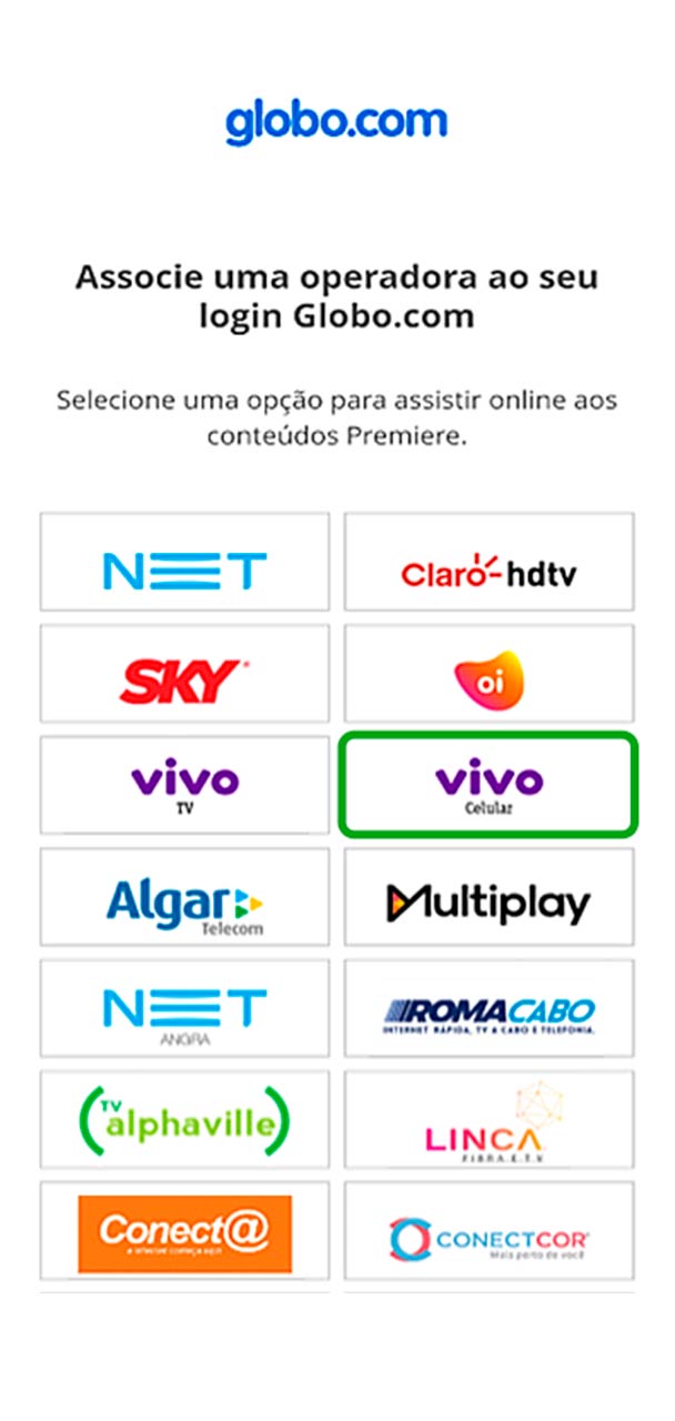 Captura de tela da seleção de operadora.
