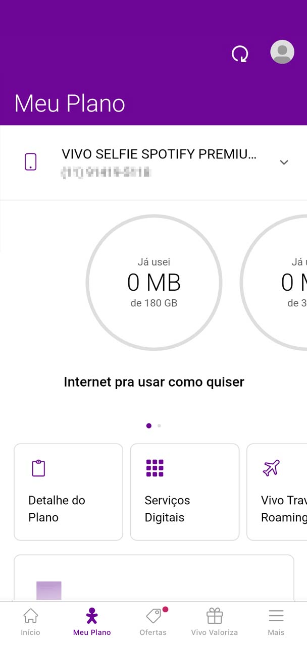 Captura da tela inicial do App Vivo.