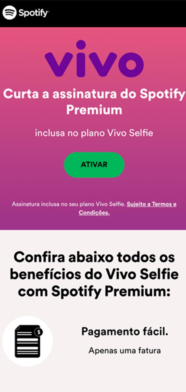Captura de tela de ativação do Spotify Premium.