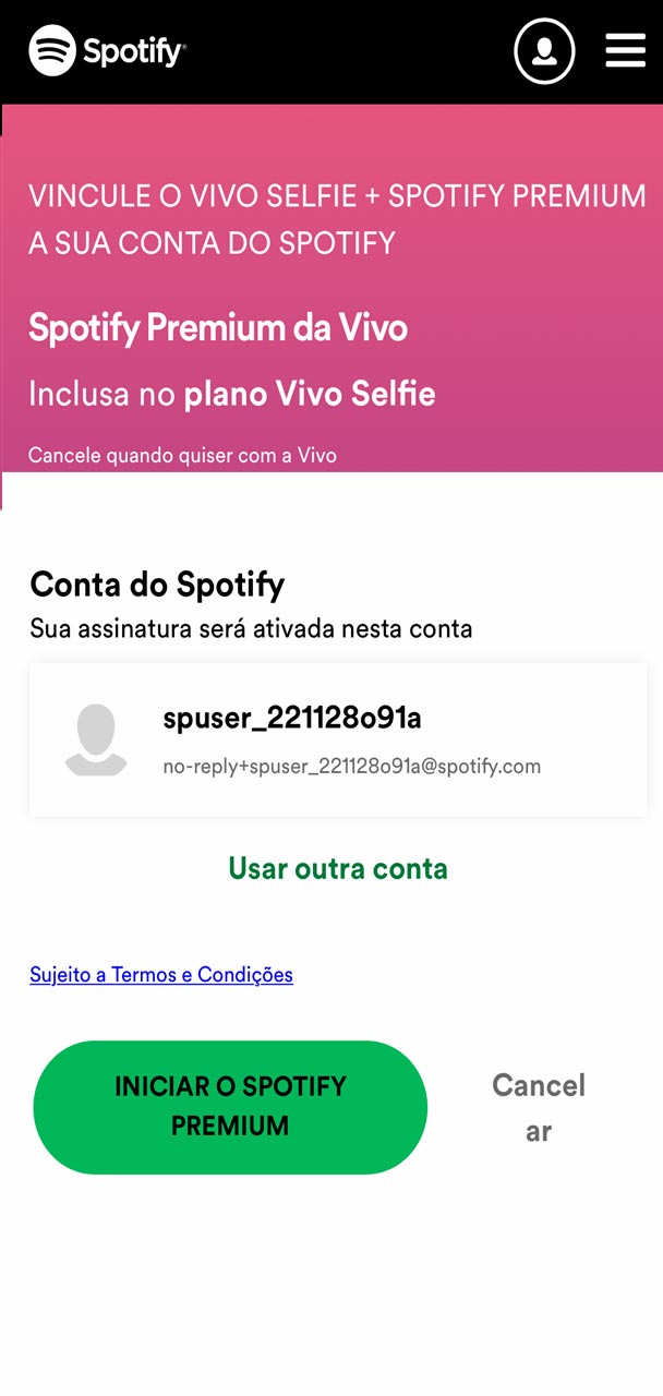 Captura de tela de ativação do Spotify Premium.