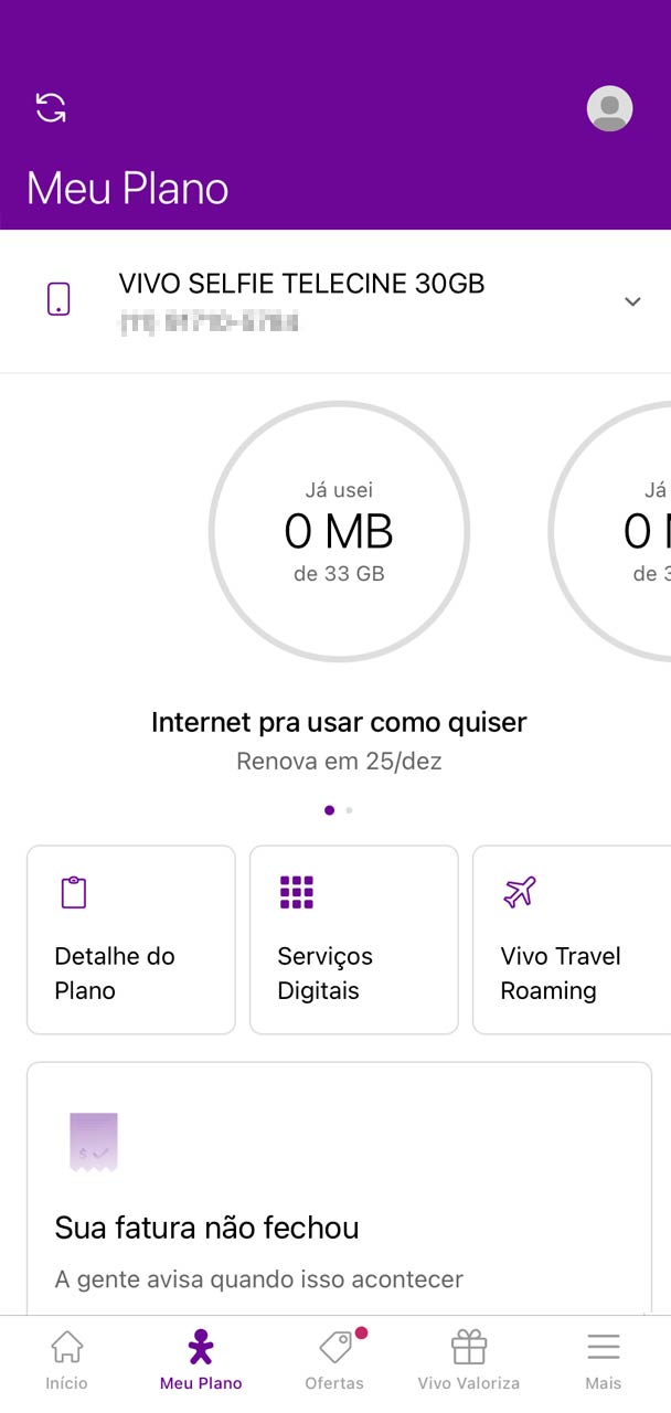 Captura de tela inicial do app Meu Vivo.