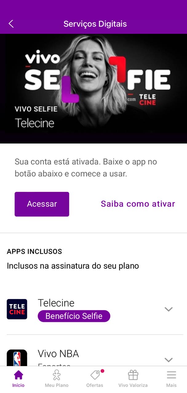 Captura de tela da seção da home do App Vivo.