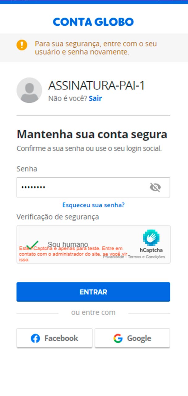 Captura de tela do login Conta Globo.