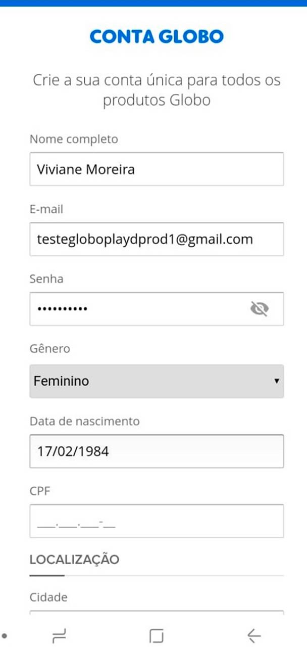Captura de tela de Conta Globo com campos para preencher.